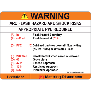 Custom Warning Arc Flash Hazard and Shock Risks Label Vinyl V-337-339 Decal