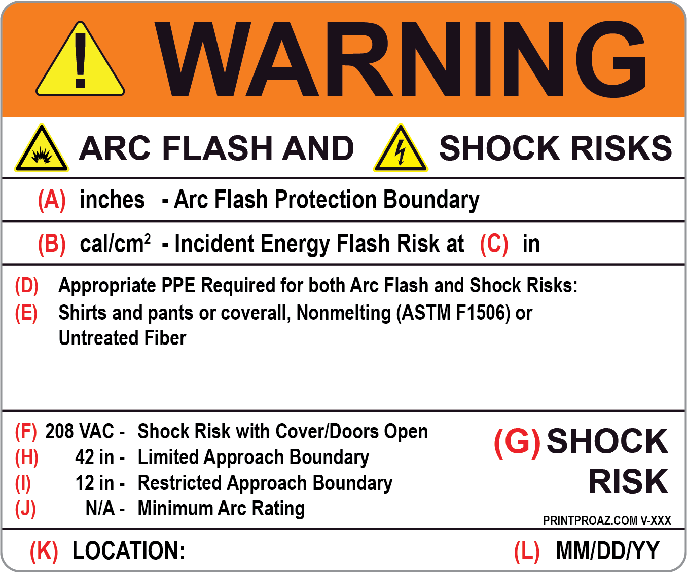 Warning Arc Flash Hazard and Shock Risks Label Vinyl V-340-343 Decal