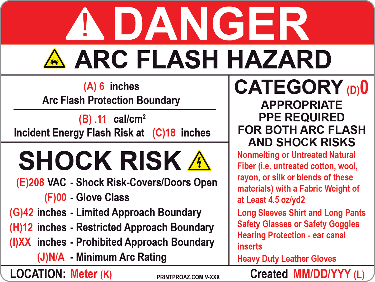 Danger Arc Flash Hazard Label Vinyl V-344-348 Decal