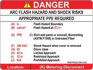 Danger Arc Flash Hazard and Shock Risks Label Vinyl V-349-351 Decal