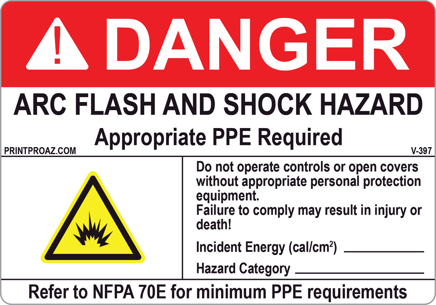 Custom Danger Arc Flash and Shock Hazard Vinyl V-397 Decal