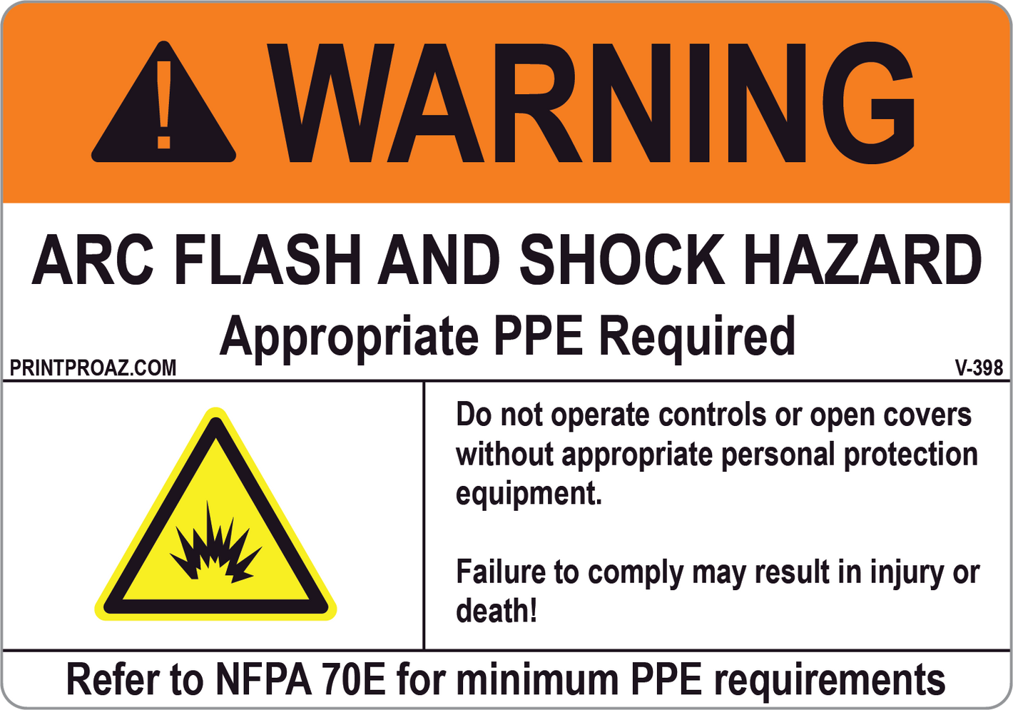 Warning Arc Flash and Shock Hazard Vinyl V-398 Decal