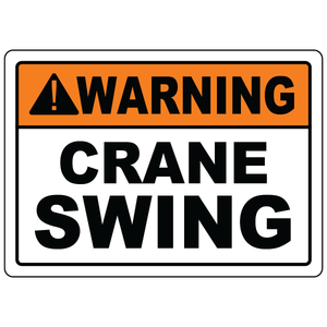 Warning crane swing safety label for rotating equipment hazards