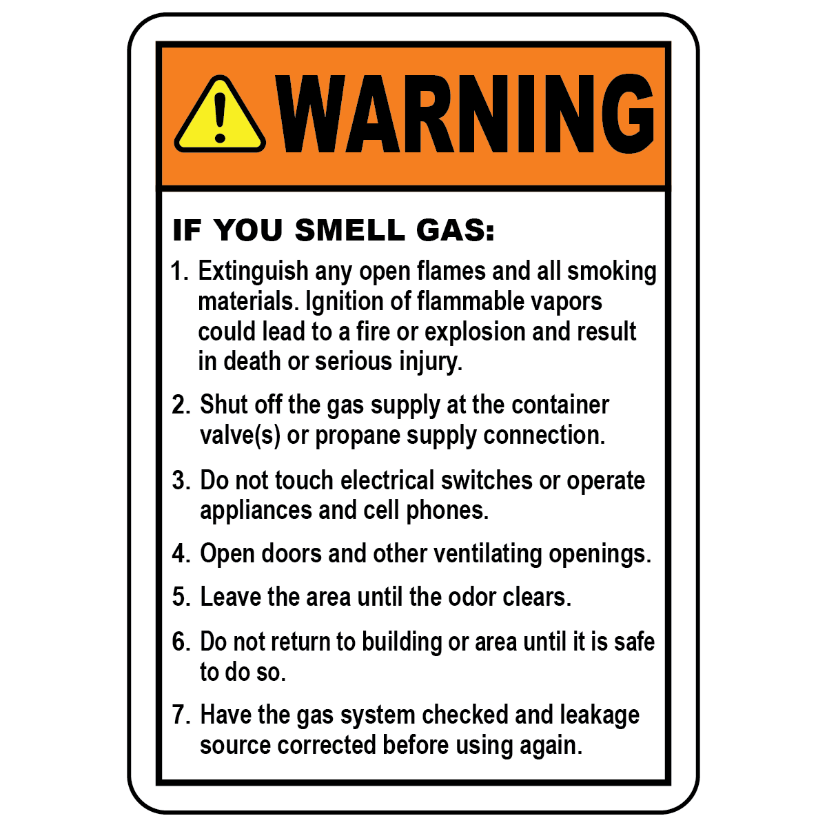 Warning gas leakage instructions sign with emergency response steps for propane and natural gas safety