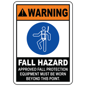 Warning roof access fall protection required sign with safety harness symbol