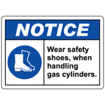 Wear safety shoes sign with mandatory footwear symbol for safe gas cylinder handling areas