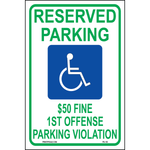 Alabama Accessible Parking sign with handicap symbol and $50 Fine First Offense Parking Violation text printed on durable rust-resistant aluminum for outdoor ADA compliance