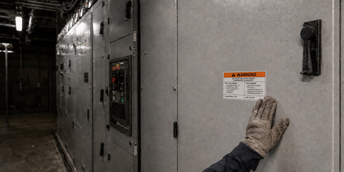 Electrician in arc-rated gloves pressing a printed arc flash warning label onto a switchgear door in a commercial electrical room
