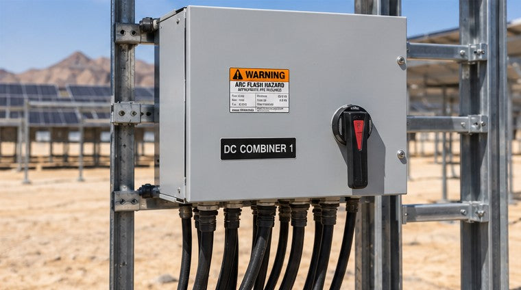 Arc flash hazard warning label and engraved DC Combiner 1 nameplate on a solar combiner box in the field