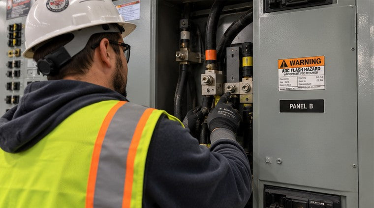 Electrician in hard hat and safety vest working inside Panel B next to its arc flash hazard warning label and engraved nameplate