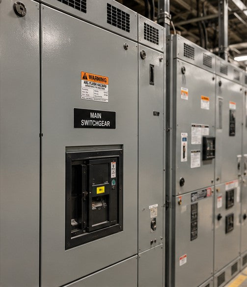 Main switchgear lineup with an NFPA 70E arc flash hazard warning label and engraved Main Switchgear nameplate