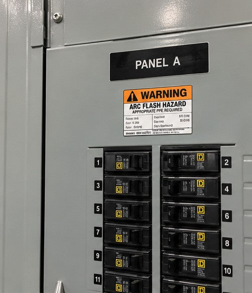 Arc flash hazard warning label with PPE and incident energy fields under an engraved Panel A nameplate on a breaker panel