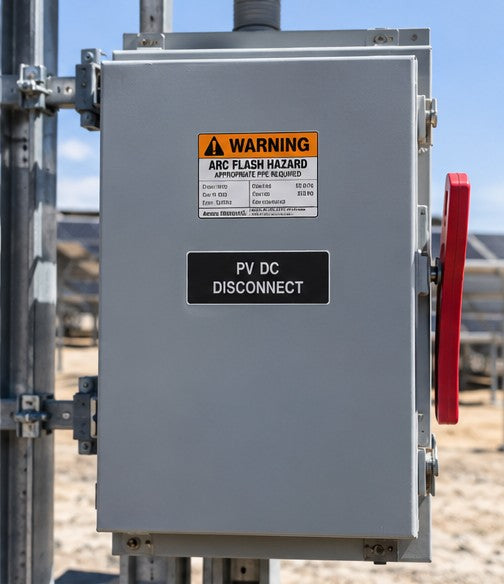 Arc flash hazard warning label on a PV DC disconnect switch at a solar array