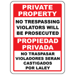 Bilingual Private Property No Trespassing Violators Will Be Prosecuted Sign available in Vinyl or Aluminum for construction sites and active job sites