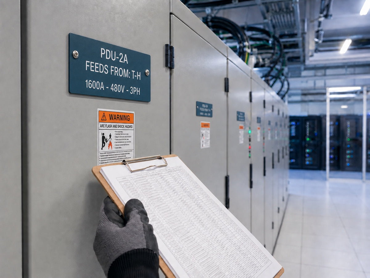 Electrician checking an equipment schedule against an engraved PDU name plate and arc flash warning label on switchgear in a data center electrical room