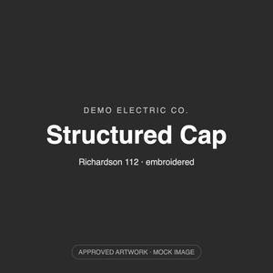 Demo Electric Co. structured cap, approved artwork mock