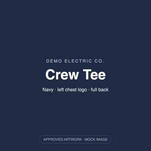 Demo Electric Co. crew tee, approved artwork mock
