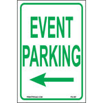 Event Parking sign with left arrow printed on durable rust-resistant aluminum for outdoor event traffic direction and parking guidance