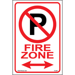 Fire Zone sign with black P and red cancel no parking symbol at top and arrows both directions printed on durable