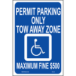 Georgia Accessible Parking sign with handicap symbol, Permit Parking Only Tow Away Zone, and Maximum Fine $500 text printed on durable rust-resistant aluminum for outdoor ADA compliance