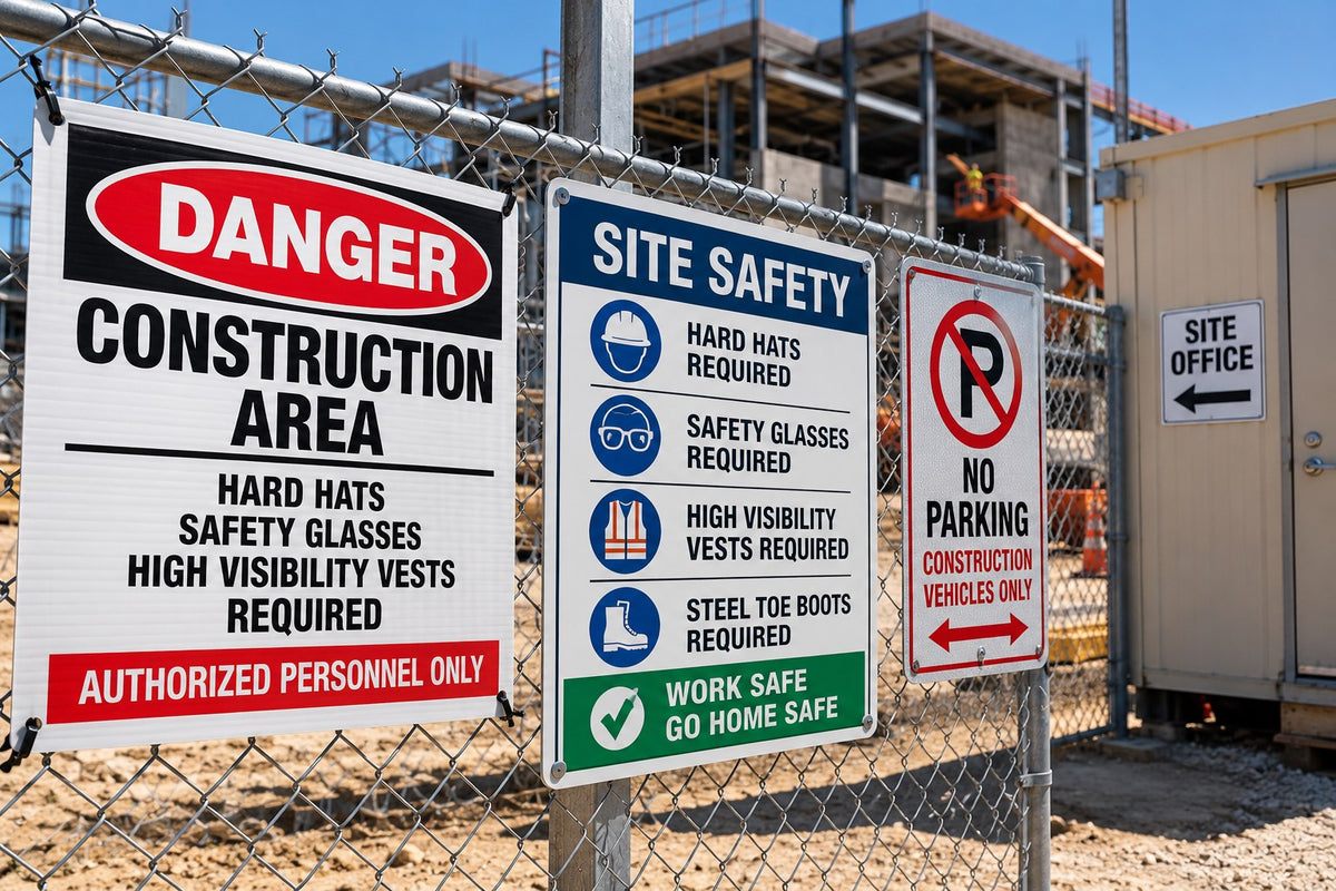 Construction site fence signs: Danger Construction Area hard hats safety glasses high visibility vests required authorized personnel only, a Site Safety PPE board, a No Parking construction vehicles only sign and a Site Office arrow sign on chain-link fence