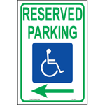 MUTCD Accessible Parking sign with handicap symbol and left arrow printed on durable rust-resistant aluminum for outdoor ADA compliance