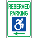 New York Reserved Parking sign with handicap symbol and left arrow printed on durable rust-resistant aluminum for outdoor ADA compliance