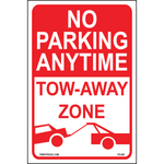 No Parking Anytime Tow-Away Zone sign printed on durable rust-resistant aluminum for outdoor 24-hour parking enforcement