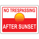 No Trespassing After Sunset Sign available in Vinyl or Aluminum with sunset Symbol for construction sites and active job sites