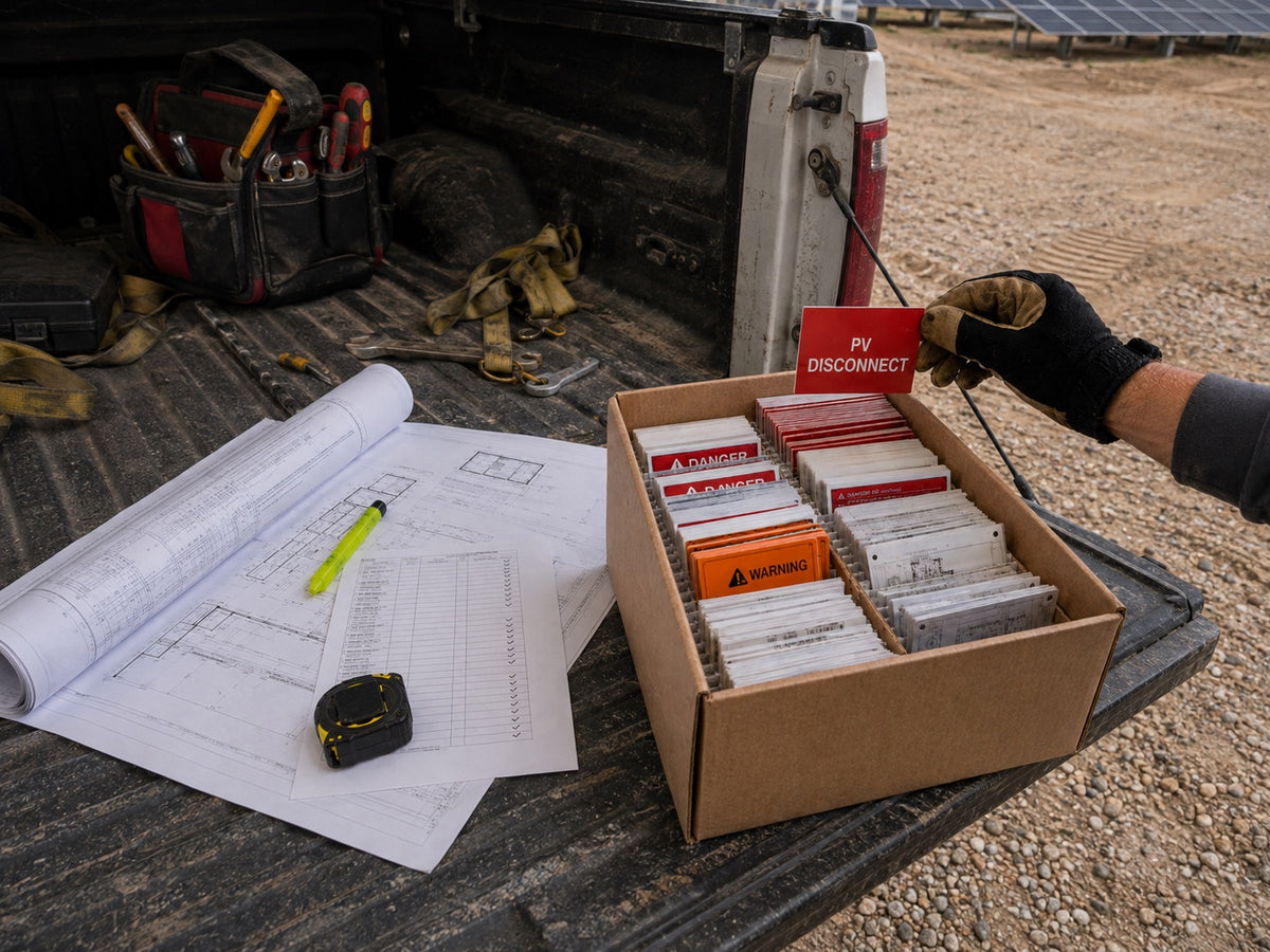 Box of solar placards and warning labels packed per plan set on a truck tailgate at a solar job site, with the plan set and checklist beside it