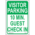 Visitor Parking 10 Min Guest Check In sign printed on durable rust-resistant aluminum for outdoor short-term visitor