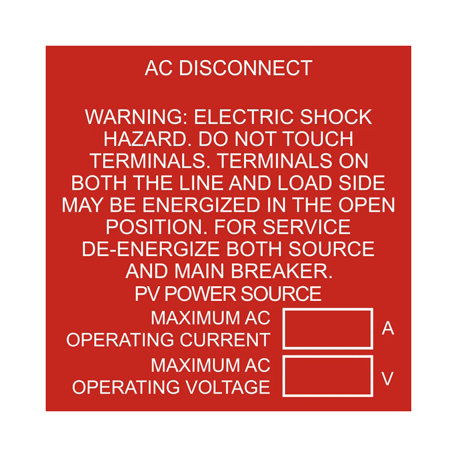 AC Disconnect, Warning Electric Shock Hazard - PV-091 