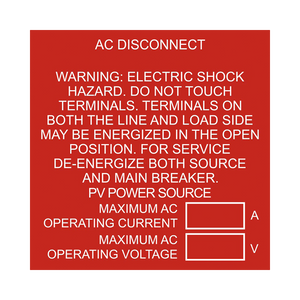 AC Disconnect, Warning Electric Shock Hazard - PV-091 